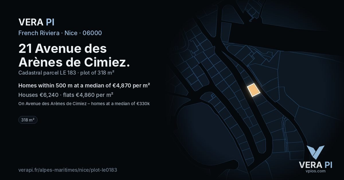 21 Avenue des Arènes de Cimiez, Nice at night – the plot lit, the parcels around coloured by the prices near them