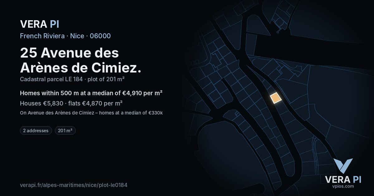 25 Avenue des Arènes de Cimiez, Nice at night – the plot lit, the parcels around coloured by the prices near them