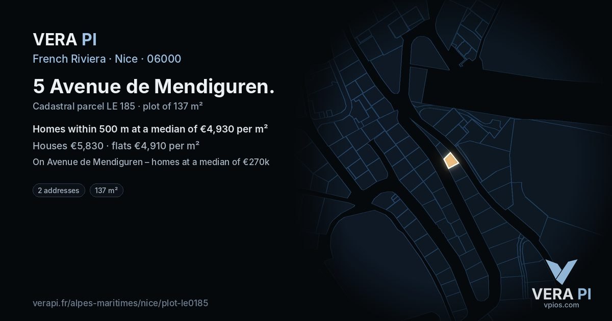 5 Avenue de Mendiguren, Nice at night – the plot lit, the parcels around coloured by the prices near them