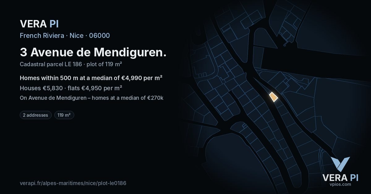 3 Avenue de Mendiguren, Nice at night – the plot lit, the parcels around coloured by the prices near them