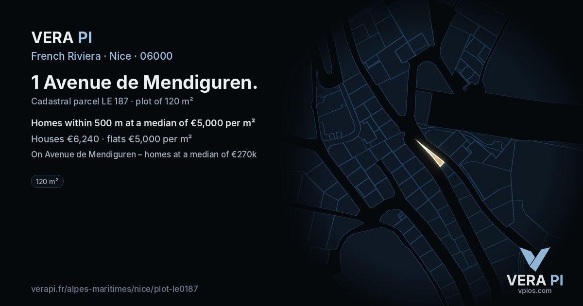 1 Avenue de Mendiguren, Nice at night – the plot lit, the parcels around coloured by the prices near them