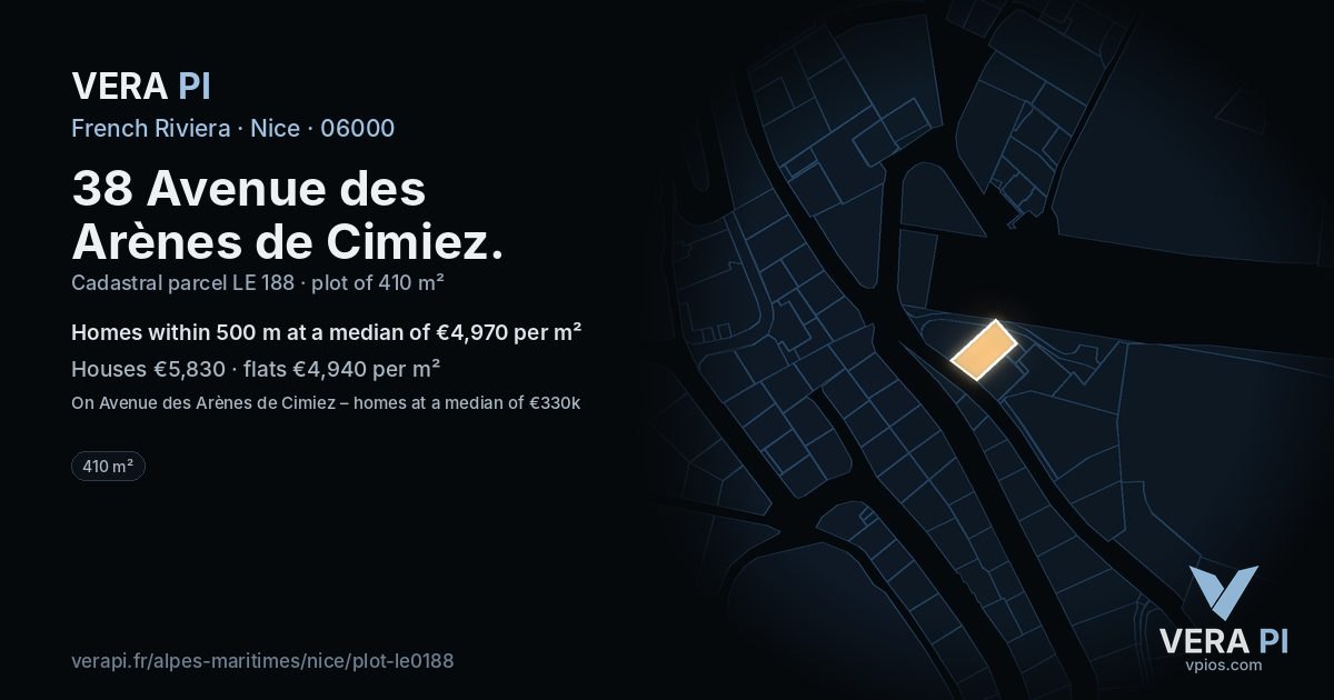 38 Avenue des Arènes de Cimiez, Nice at night – the plot lit, the parcels around coloured by the prices near them