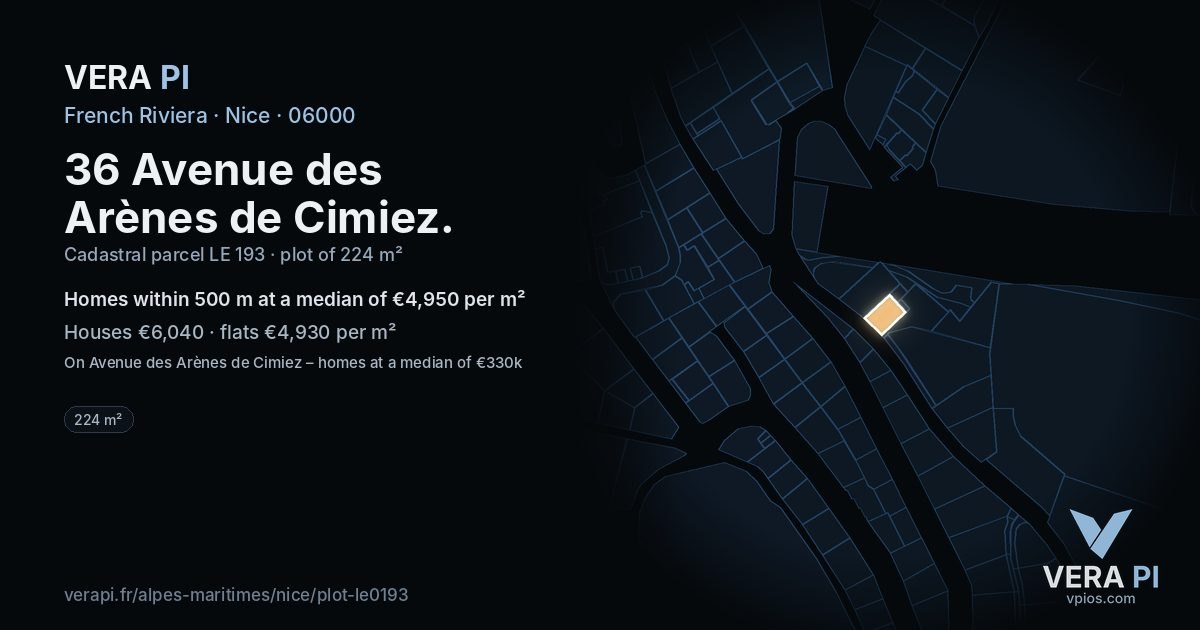 36 Avenue des Arènes de Cimiez, Nice at night – the plot lit, the parcels around coloured by the prices near them
