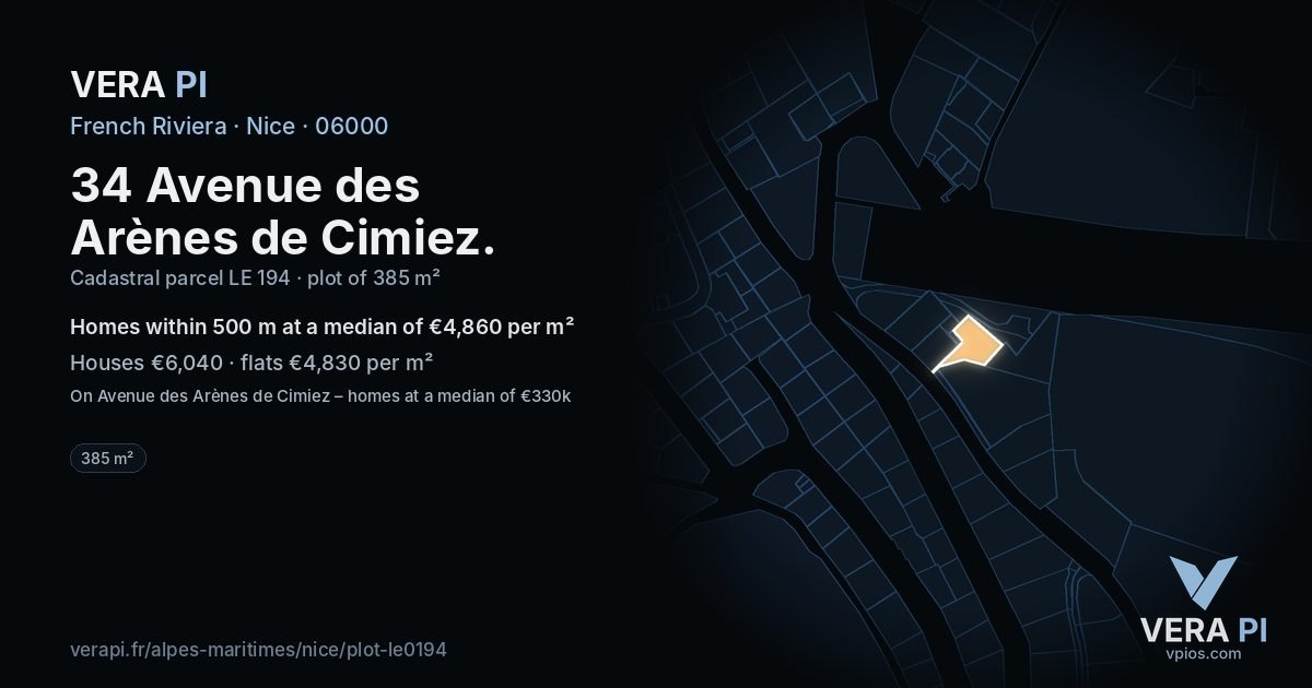 34 Avenue des Arènes de Cimiez, Nice at night – the plot lit, the parcels around coloured by the prices near them