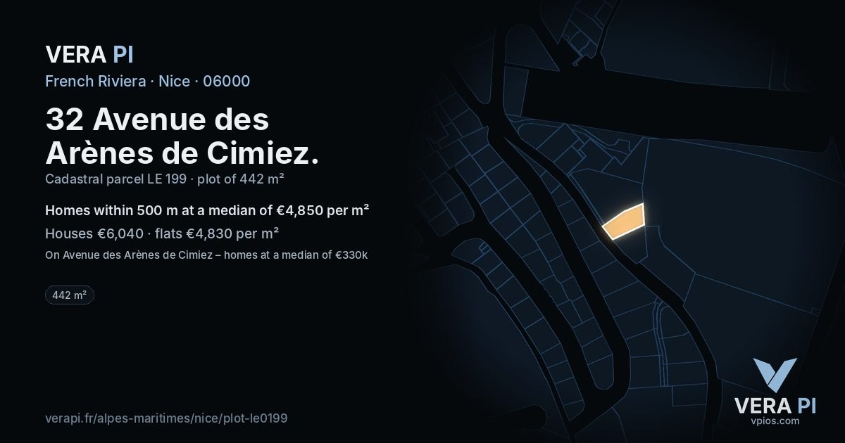 32 Avenue des Arènes de Cimiez, Nice at night – the plot lit, the parcels around coloured by the prices near them