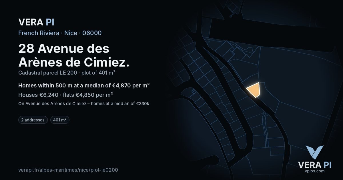 28 Avenue des Arènes de Cimiez, Nice at night – the plot lit, the parcels around coloured by the prices near them