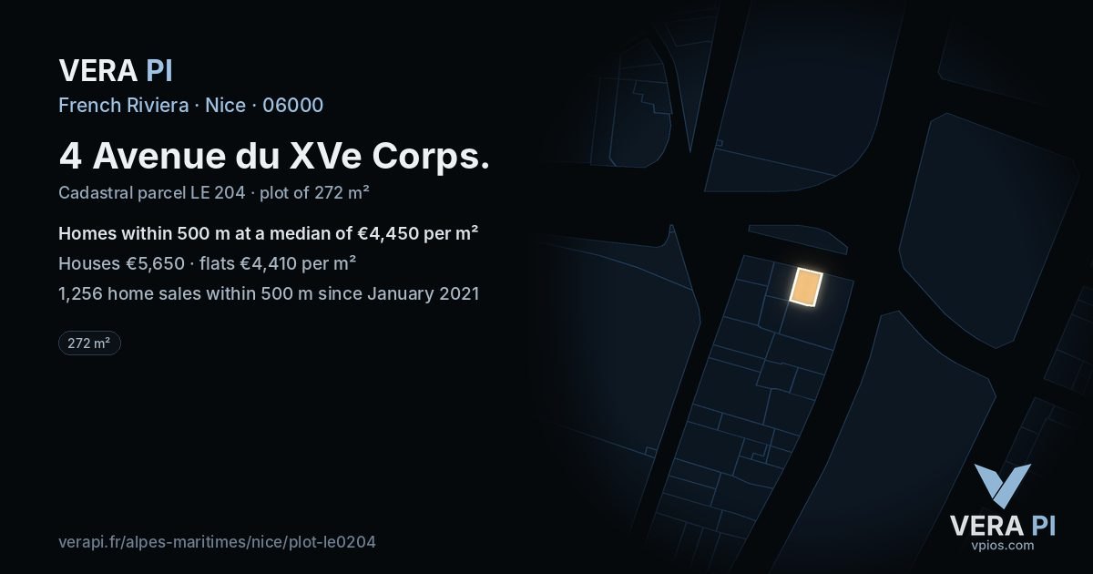 4 Avenue du XVe Corps, Nice at night – the plot lit, the parcels around coloured by the prices near them