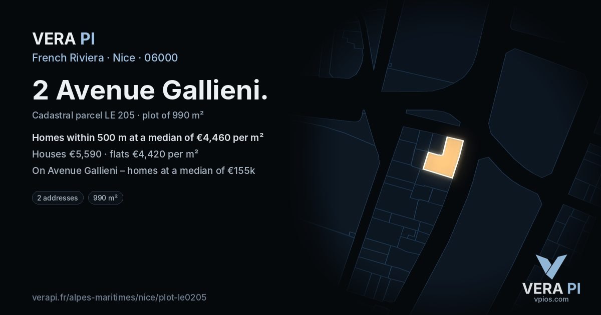 2 Avenue Gallieni, Nice at night – the plot lit, the parcels around coloured by the prices near them