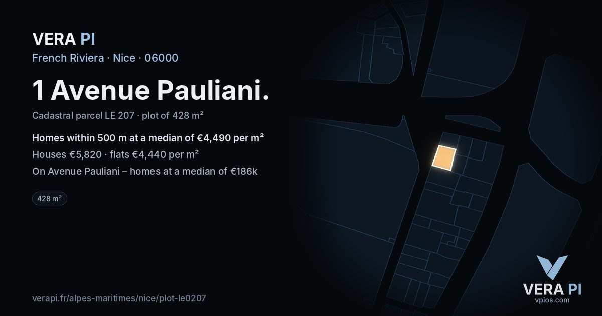 1 Avenue Pauliani, Nice at night – the plot lit, the parcels around coloured by the prices near them