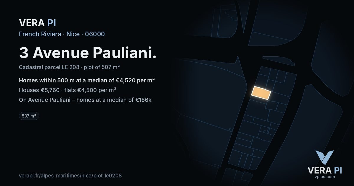 3 Avenue Pauliani, Nice at night – the plot lit, the parcels around coloured by the prices near them