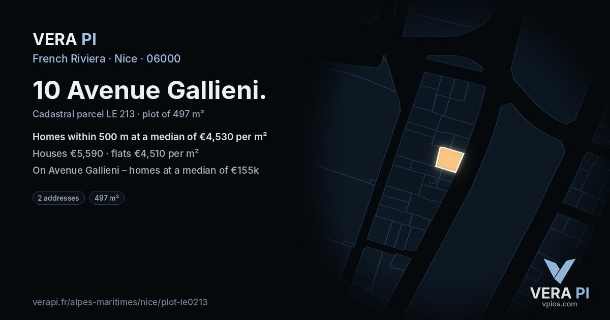 10 Avenue Gallieni, Nice at night – the plot lit, the parcels around coloured by the prices near them