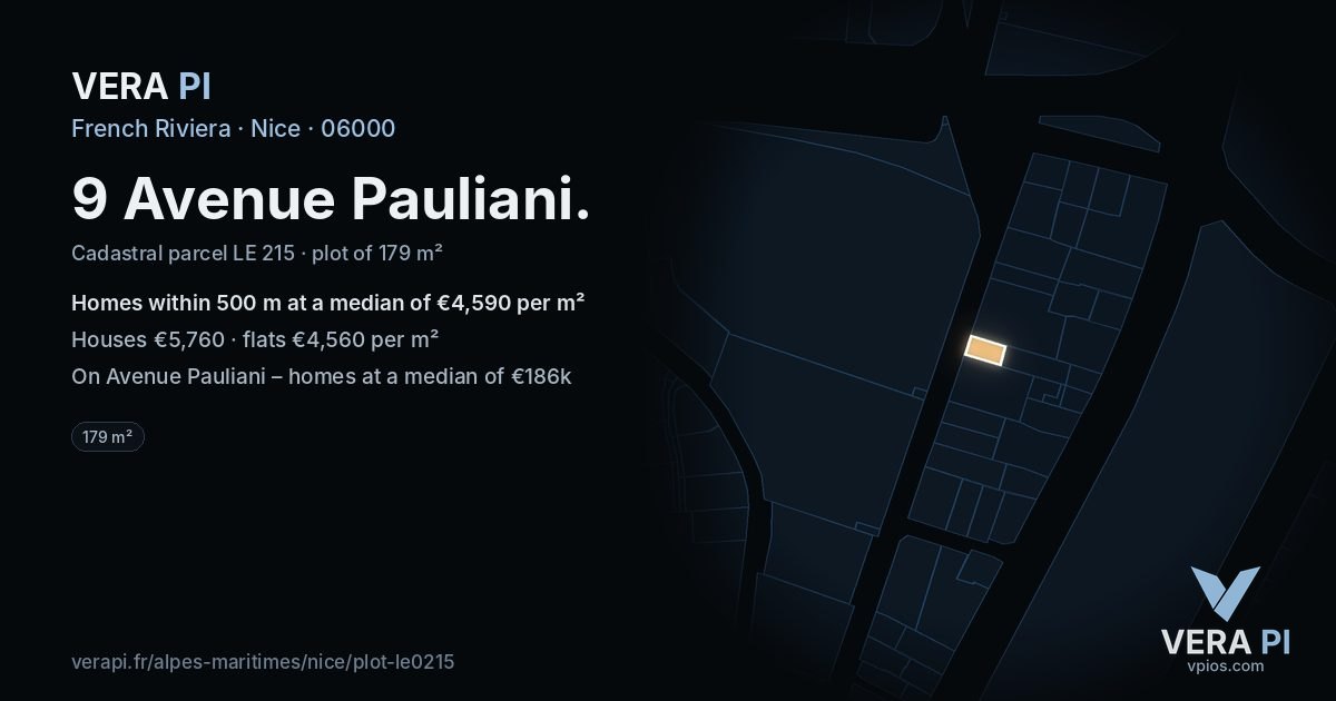 9 Avenue Pauliani, Nice at night – the plot lit, the parcels around coloured by the prices near them