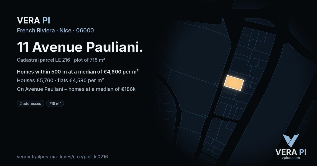 11 Avenue Pauliani, Nice at night – the plot lit, the parcels around coloured by the prices near them