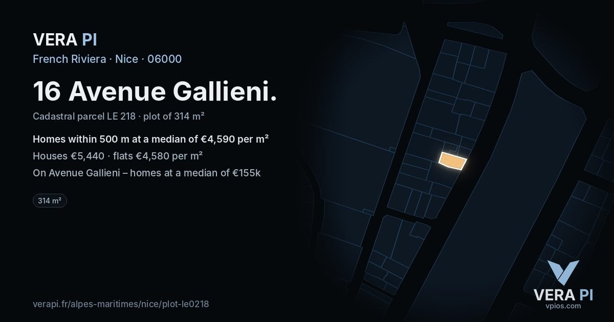 16 Avenue Gallieni, Nice at night – the plot lit, the parcels around coloured by the prices near them