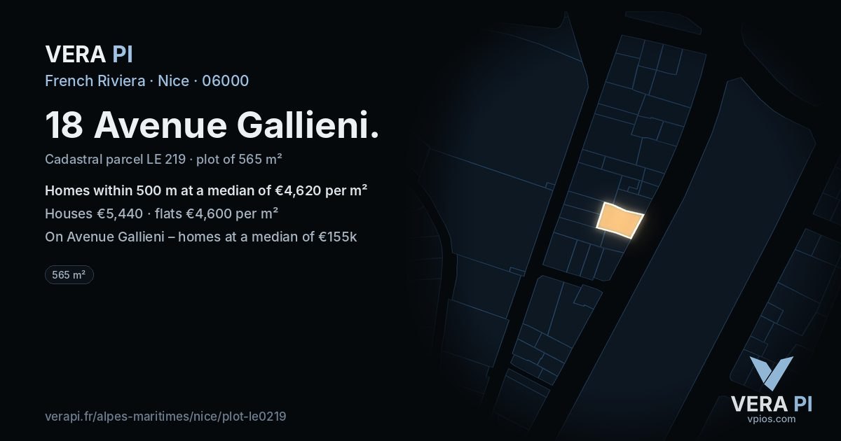 18 Avenue Gallieni, Nice at night – the plot lit, the parcels around coloured by the prices near them