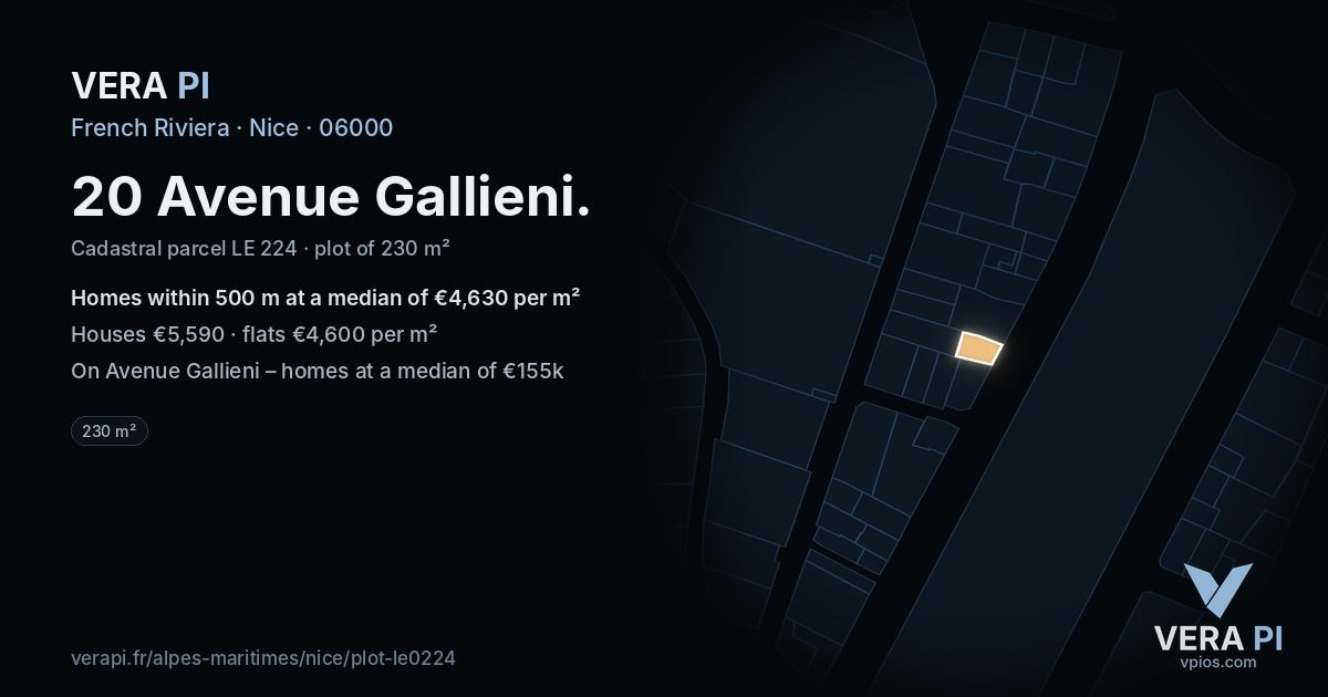 20 Avenue Gallieni, Nice at night – the plot lit, the parcels around coloured by the prices near them