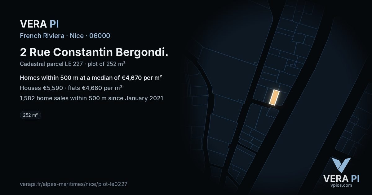 2 Rue Constantin Bergondi, Nice at night – the plot lit, the parcels around coloured by the prices near them