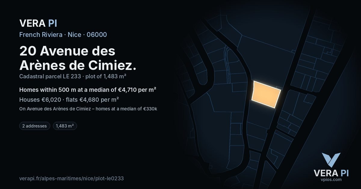 20 Avenue des Arènes de Cimiez, Nice at night – the plot lit, the parcels around coloured by the prices near them