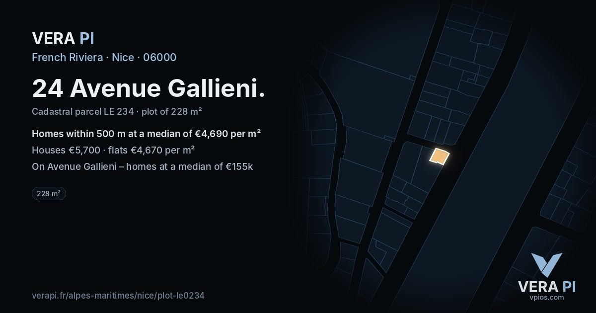 24 Avenue Gallieni, Nice at night – the plot lit, the parcels around coloured by the prices near them