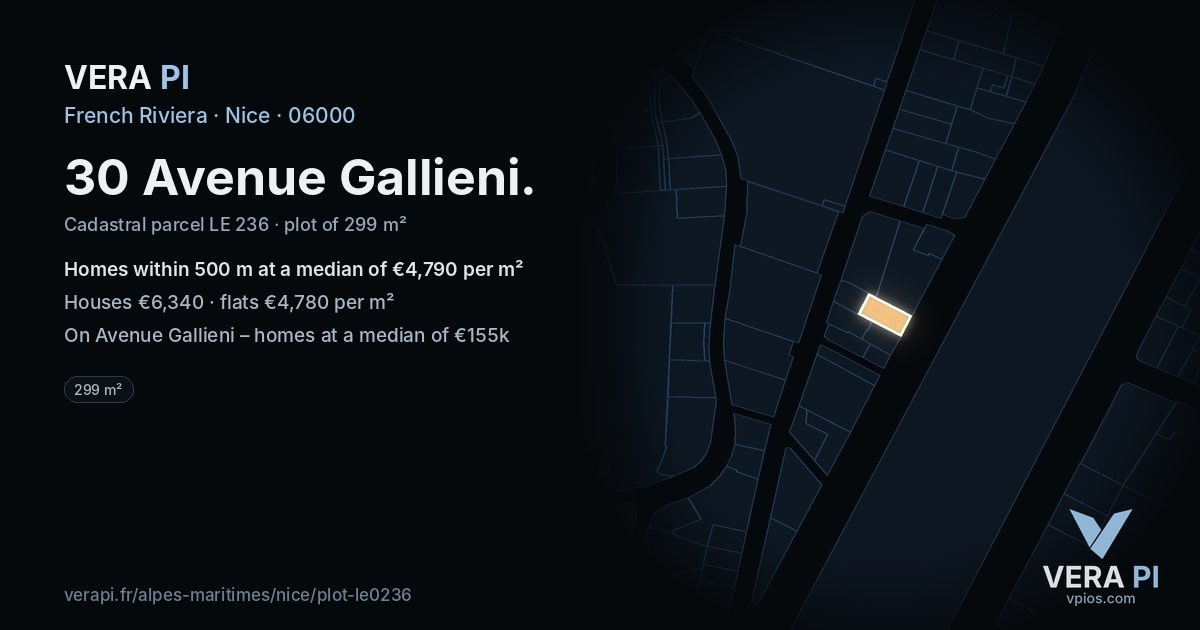 30 Avenue Gallieni, Nice at night – the plot lit, the parcels around coloured by the prices near them