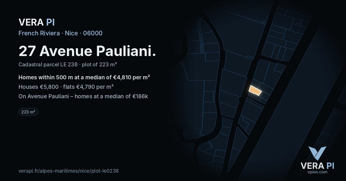 27 Avenue Pauliani, Nice at night – the plot lit, the parcels around coloured by the prices near them
