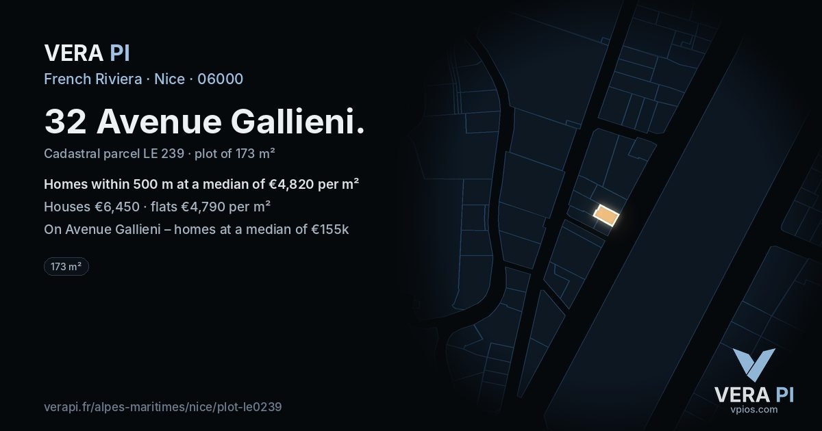 32 Avenue Gallieni, Nice at night – the plot lit, the parcels around coloured by the prices near them