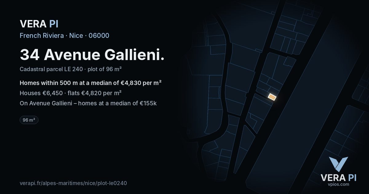 34 Avenue Gallieni, Nice at night – the plot lit, the parcels around coloured by the prices near them