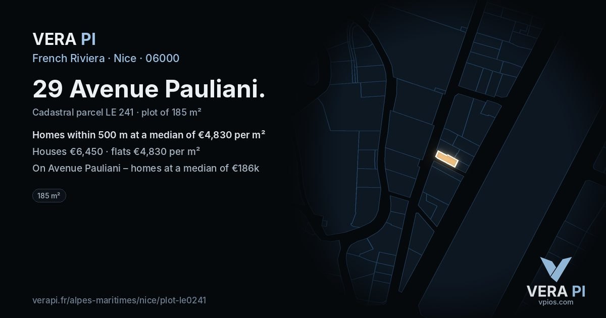 29 Avenue Pauliani, Nice at night – the plot lit, the parcels around coloured by the prices near them