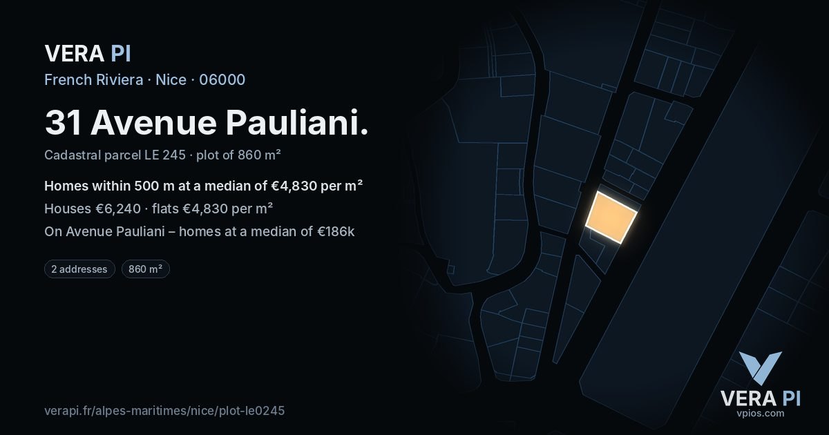 31 Avenue Pauliani, Nice at night – the plot lit, the parcels around coloured by the prices near them
