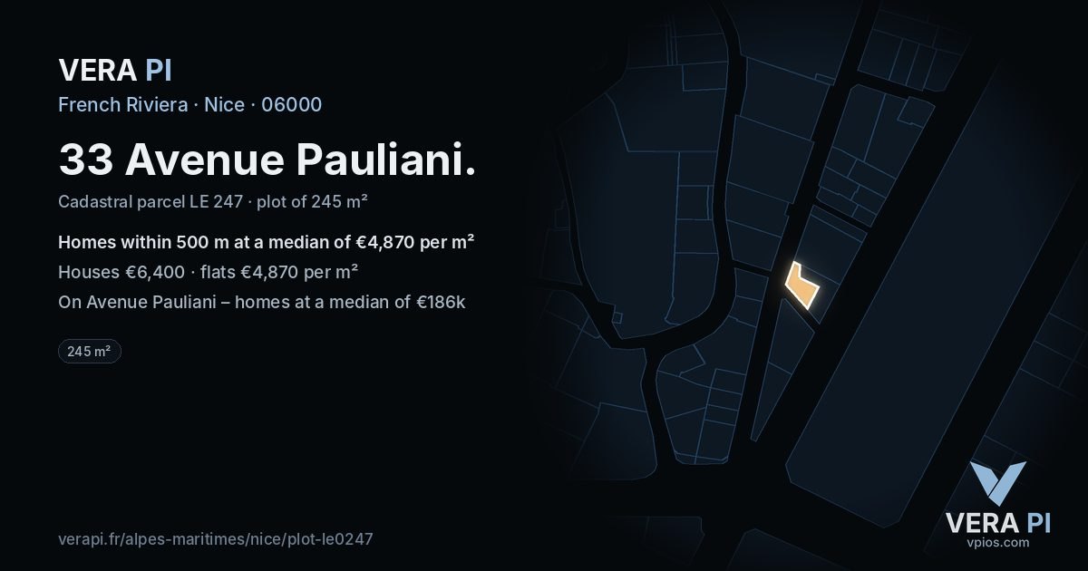 33 Avenue Pauliani, Nice at night – the plot lit, the parcels around coloured by the prices near them