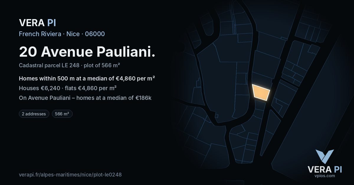 20 Avenue Pauliani, Nice at night – the plot lit, the parcels around coloured by the prices near them
