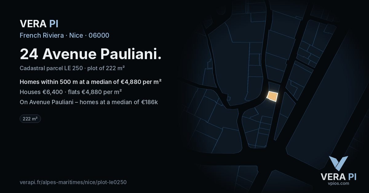 24 Avenue Pauliani, Nice at night – the plot lit, the parcels around coloured by the prices near them