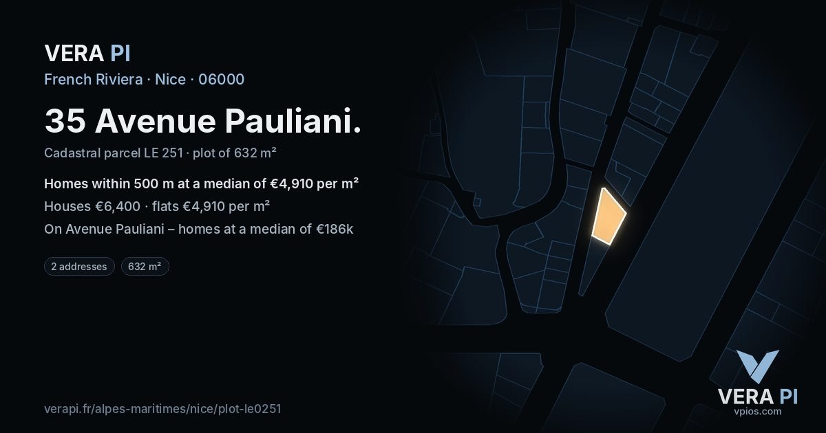 35 Avenue Pauliani, Nice at night – the plot lit, the parcels around coloured by the prices near them