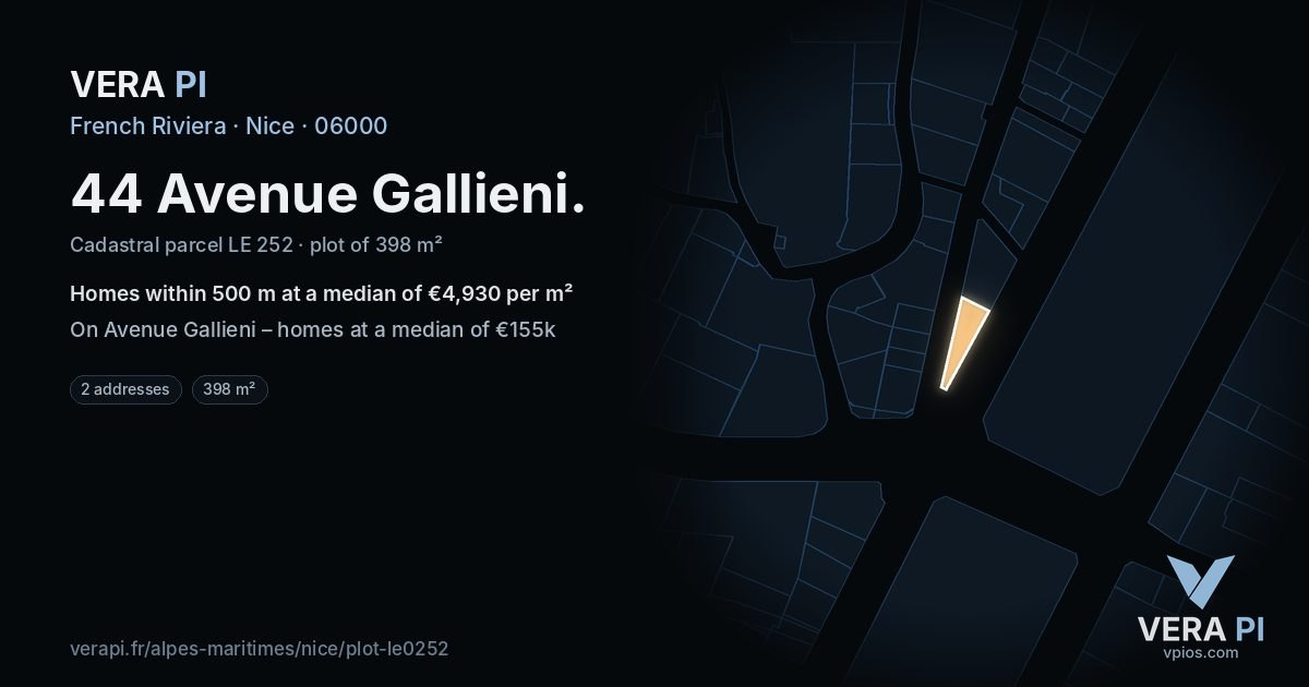 44 Avenue Gallieni, Nice at night – the plot lit, the parcels around coloured by the prices near them