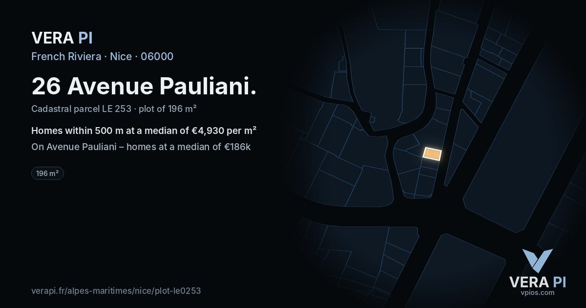 26 Avenue Pauliani, Nice at night – the plot lit, the parcels around coloured by the prices near them