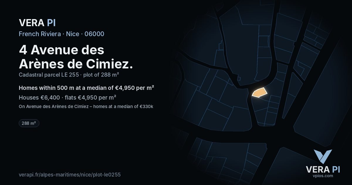 4 Avenue des Arènes de Cimiez, Nice at night – the plot lit, the parcels around coloured by the prices near them