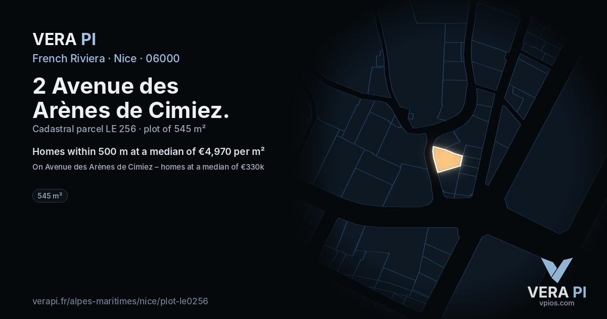 2 Avenue des Arènes de Cimiez, Nice at night – the plot lit, the parcels around coloured by the prices near them