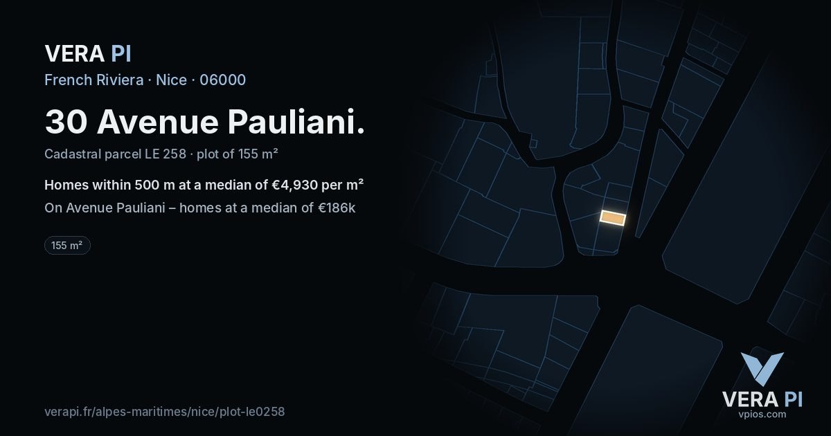 30 Avenue Pauliani, Nice at night – the plot lit, the parcels around coloured by the prices near them