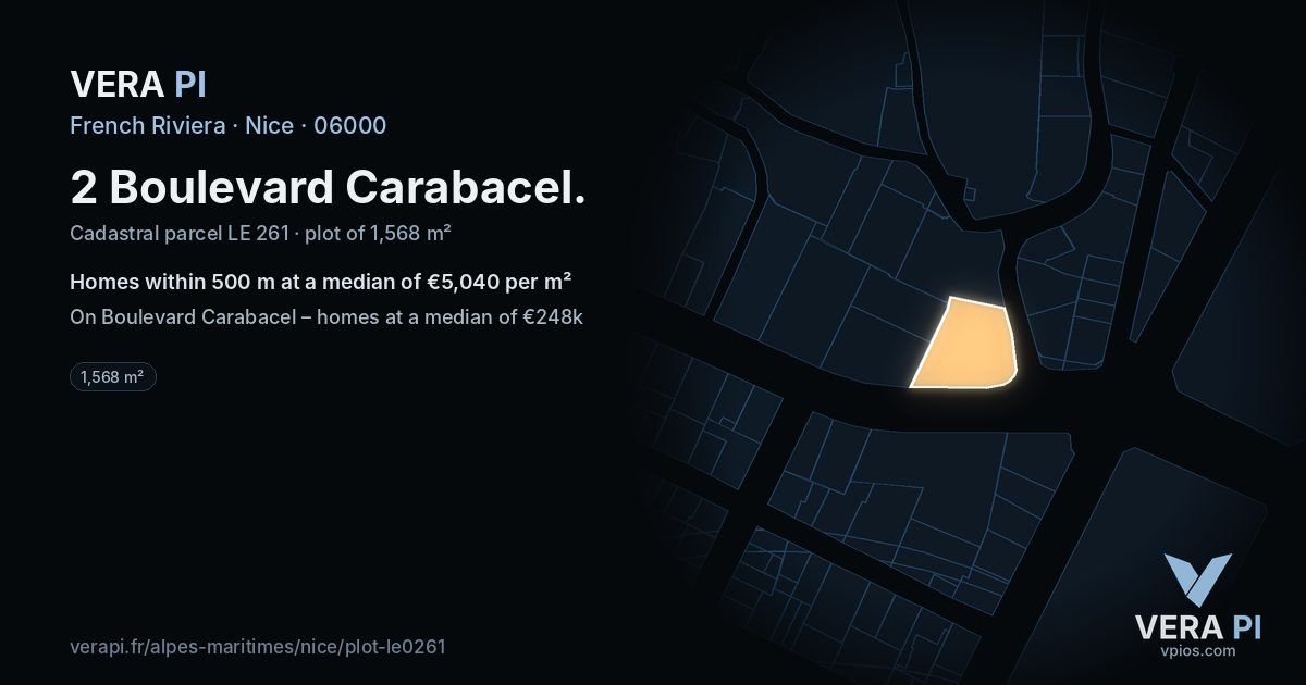 2 Boulevard Carabacel, Nice at night – the plot lit, the parcels around coloured by the prices near them
