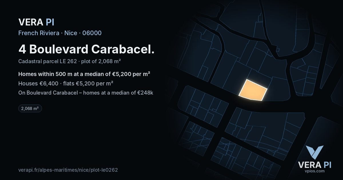 4 Boulevard Carabacel, Nice at night – the plot lit, the parcels around coloured by the prices near them