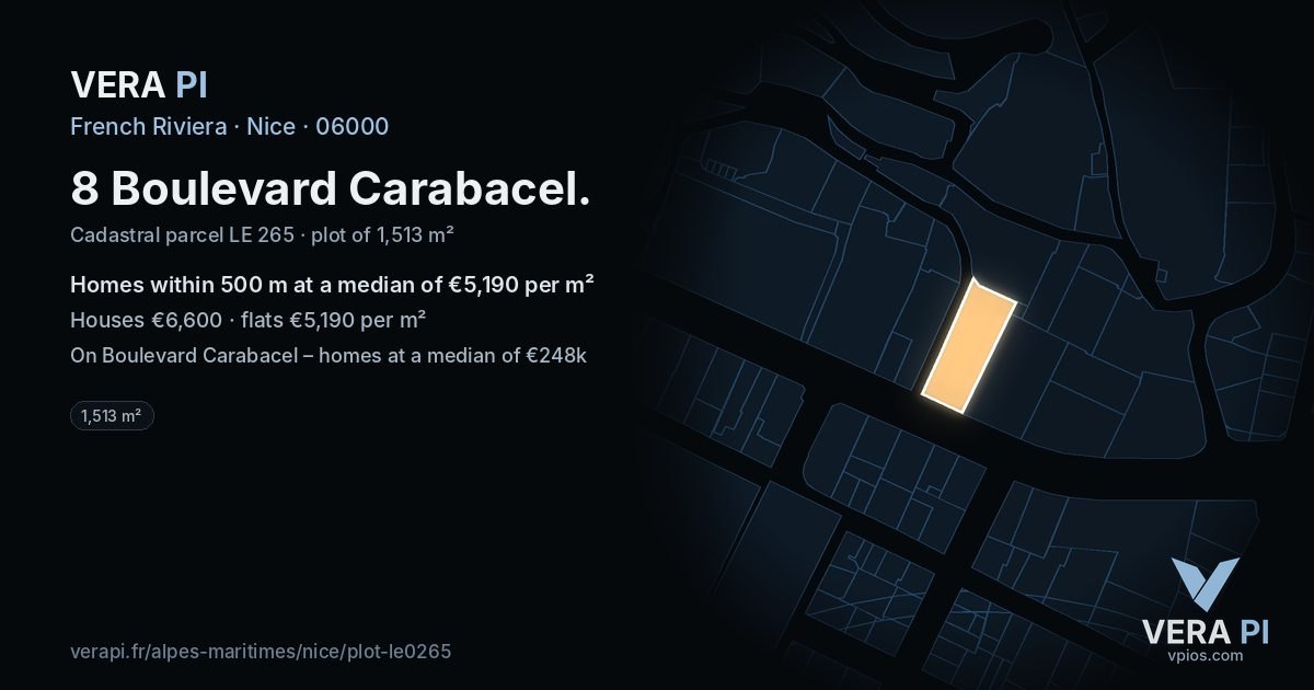 8 Boulevard Carabacel, Nice at night – the plot lit, the parcels around coloured by the prices near them