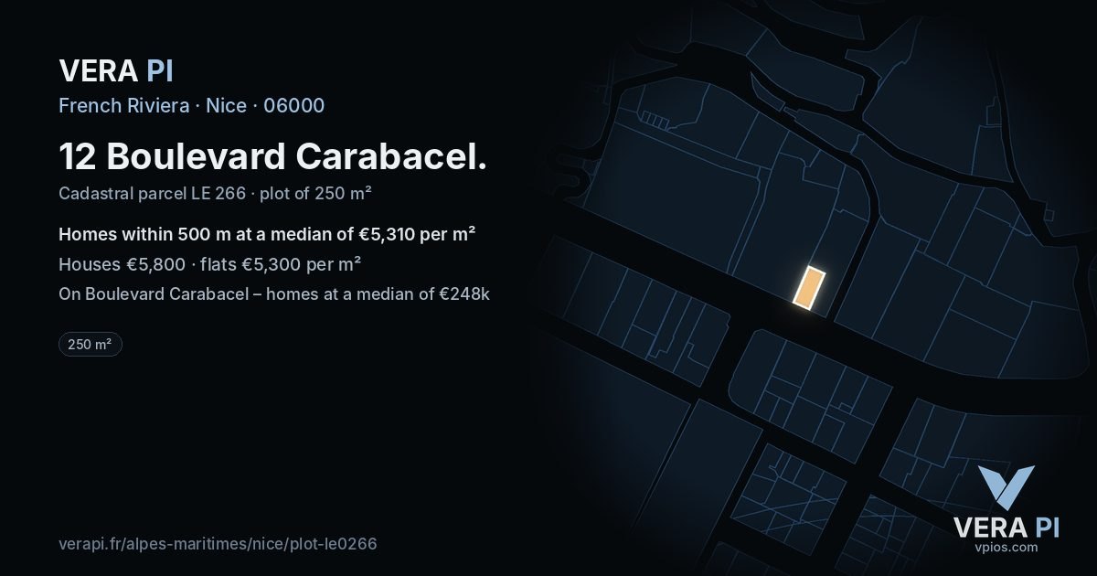 12 Boulevard Carabacel, Nice at night – the plot lit, the parcels around coloured by the prices near them