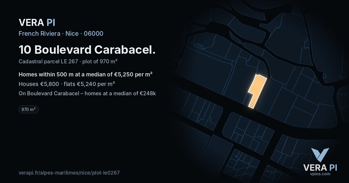 10 Boulevard Carabacel, Nice at night – the plot lit, the parcels around coloured by the prices near them