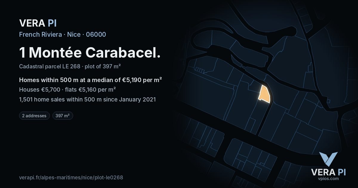 1 Montée Carabacel, Nice at night – the plot lit, the parcels around coloured by the prices near them