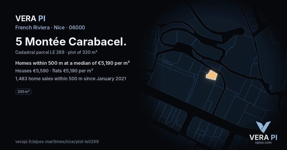 5 Montée Carabacel, Nice at night – the plot lit, the parcels around coloured by the prices near them