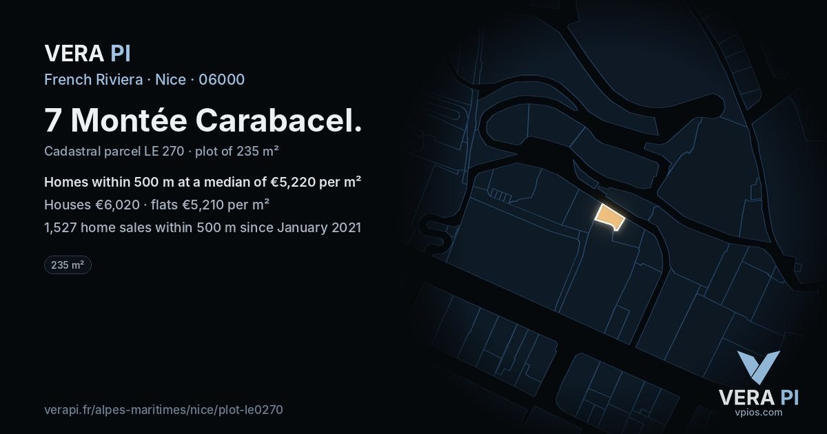 7 Montée Carabacel, Nice at night – the plot lit, the parcels around coloured by the prices near them