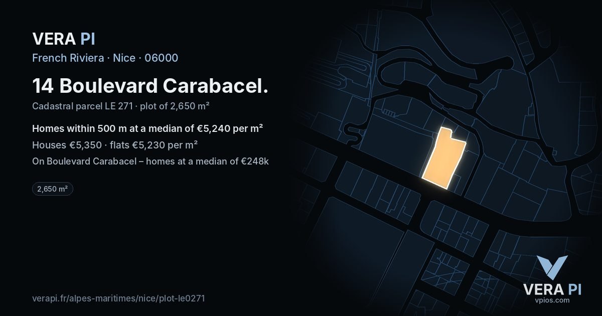 14 Boulevard Carabacel, Nice at night – the plot lit, the parcels around coloured by the prices near them