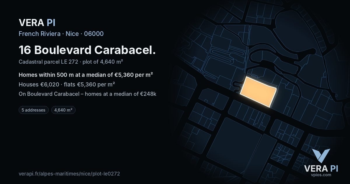 16 Boulevard Carabacel, Nice at night – the plot lit, the parcels around coloured by the prices near them
