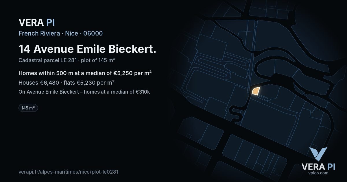 14 Avenue Emile Bieckert, Nice at night – the plot lit, the parcels around coloured by the prices near them