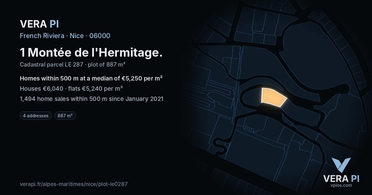 1 Montée de l'Hermitage, Nice at night – the plot lit, the parcels around coloured by the prices near them